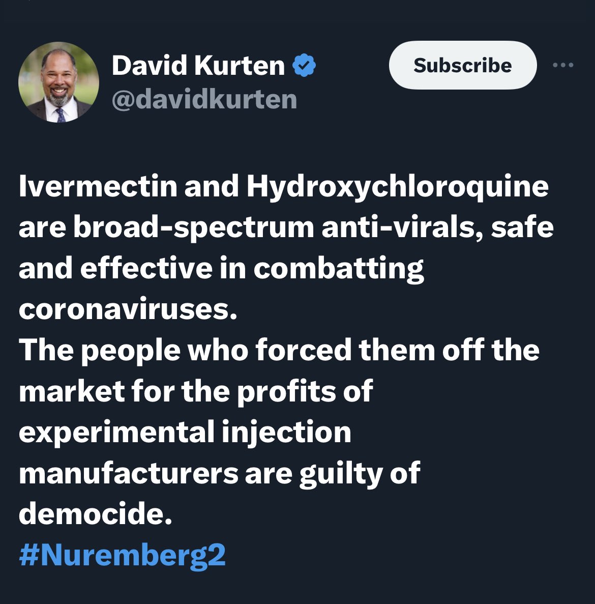 Ivermectin and Hydroxychloroquine are broad-spectrum anti-virals, safe and effective in combatting coronaviruses.
The people who forced them off the market for the profits of experimental injection manufacturers are guilty of democide.
#Nuremberg2 (Don’t forget those who refused