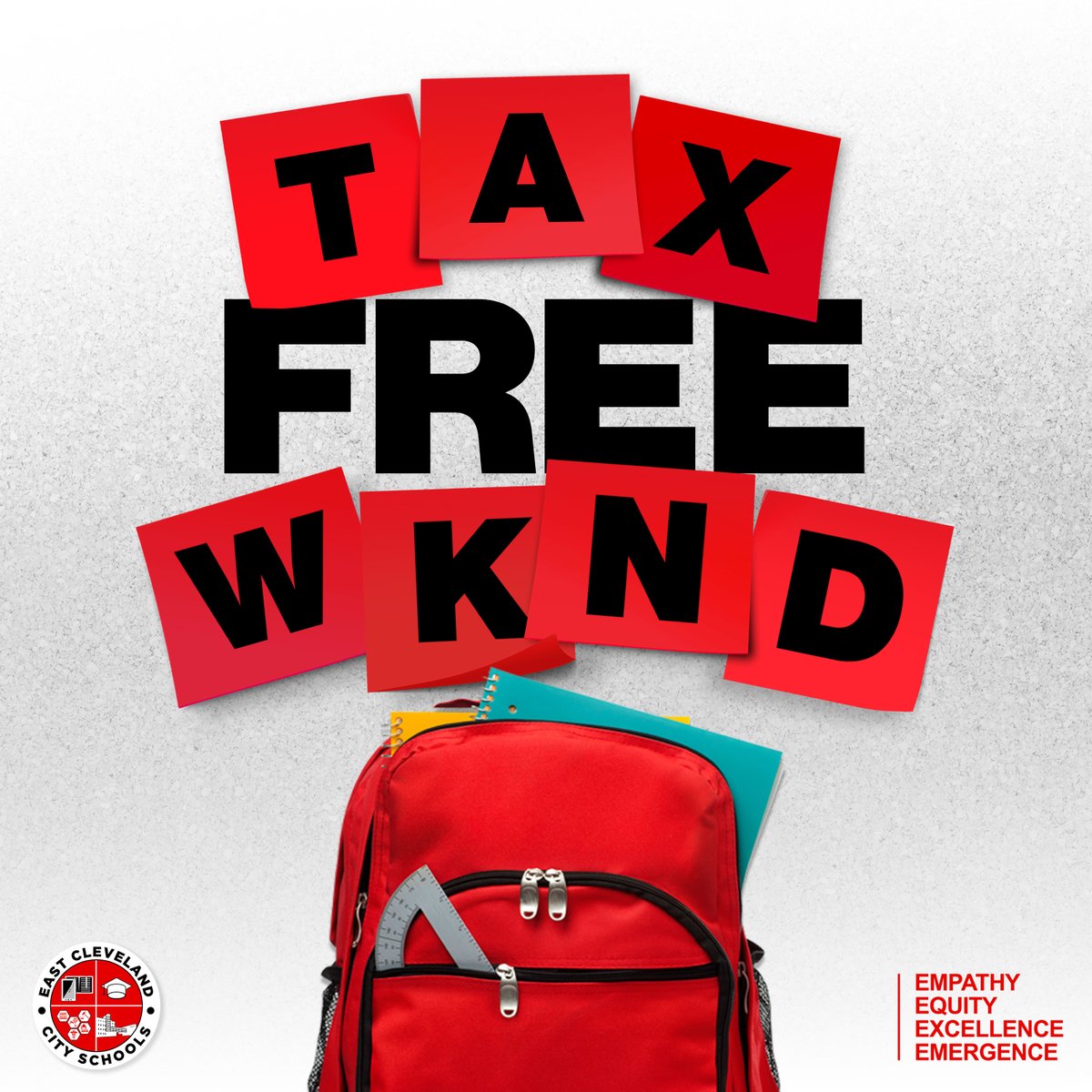 THIS WEEKEND is TAX FREE WEEKEND in Ohio! This is an EXCELLENT opportunity to get your child's supplies and materials for the upcoming school year! The suggested school supply list is posted on the East Cleveland City Schools website and the link is in our bio! #FlyWithUs