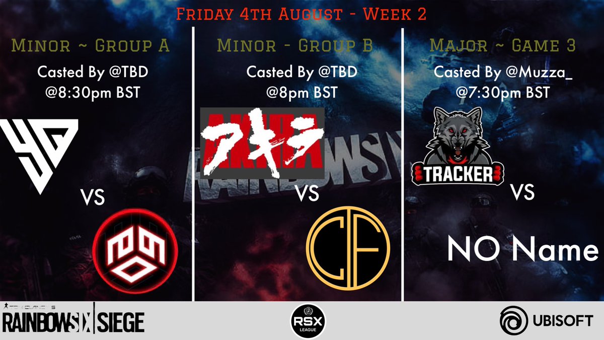 Day 5 and 3 games played

🆚#YQEsports vs @909officiel 
⏳8:30pm BST / 9:30pm CEST
🎙️TBD

🆚#AkiraByNW vs #TeamCF
⏳8pm BST / 9pm CEST
🎙️TBD

🆚@ClanTracker vs #NoName (ex-PENTA)
⏳7:30pm BST / 8:30pm CEST
🎙️@Muuzzaaa_ 
🔗Twitch.tv/Muzza_

#RSXMinor #RSXMajor