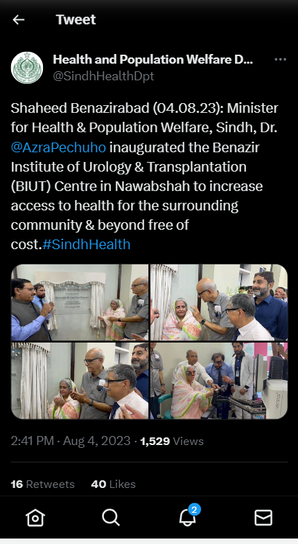 NoorZehra990's tweet photo. BIUT ~another gift by #SindhGovt 👏to residents of #ShaheedBenazirabad & adjoining areas; indeed #PPP top priority to ensure🏥health facilities to people & #BIUT outstanding ex. Wonderful step @AzraPechuho for inaugurating BIUT in Nawabshah #healthiswealth https://t.co/DNVjU2ETQr
