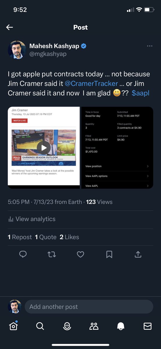 mgkashyap's tweet photo. @gurgavin Got Apple Put contracts few weeks ago in anticipation of this day 😀 earnings can change your mood .. depending on which side you stand https://t.co/9HoVGjooPQ