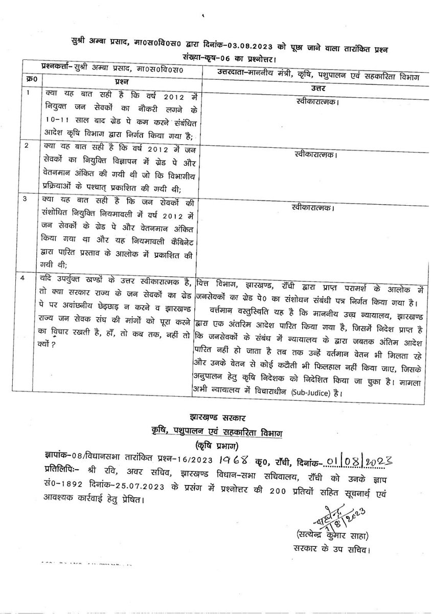विधान सभा के मानसून सत्र में कृषि, पशुपालन एवं सहकारिता विभाग से वर्ष 2012 में नियुक्त जनसेवकों के नियुक्ति के लगभग 10-11 साल बाद ग्रेड पे कम कर दिए जाने के संबंध में व जन सेवकों का ग्रेड पे पूर्व की तरह यथावत रहने की मांग के संबंध में तारांकित प्रश्न के माध्यम से विभागीय मंत्री