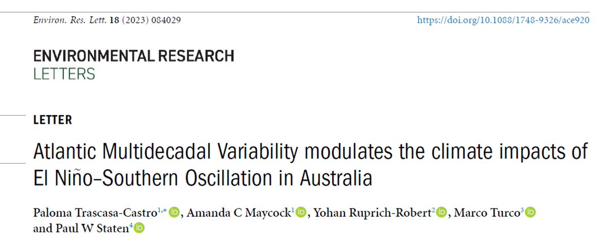 Our paper investigating how AMV modulates the climate response to ENSO in Australia has just been published online in @IOPPublishing ! 🌊🌏🌡️🌧️🔥 Thanks to coauthors @acmaycock @yohan_R_R @mrc_trc and Paul Staten for their key contribution. iopscience.iop.org/article/10.108… 🧵(1/5)