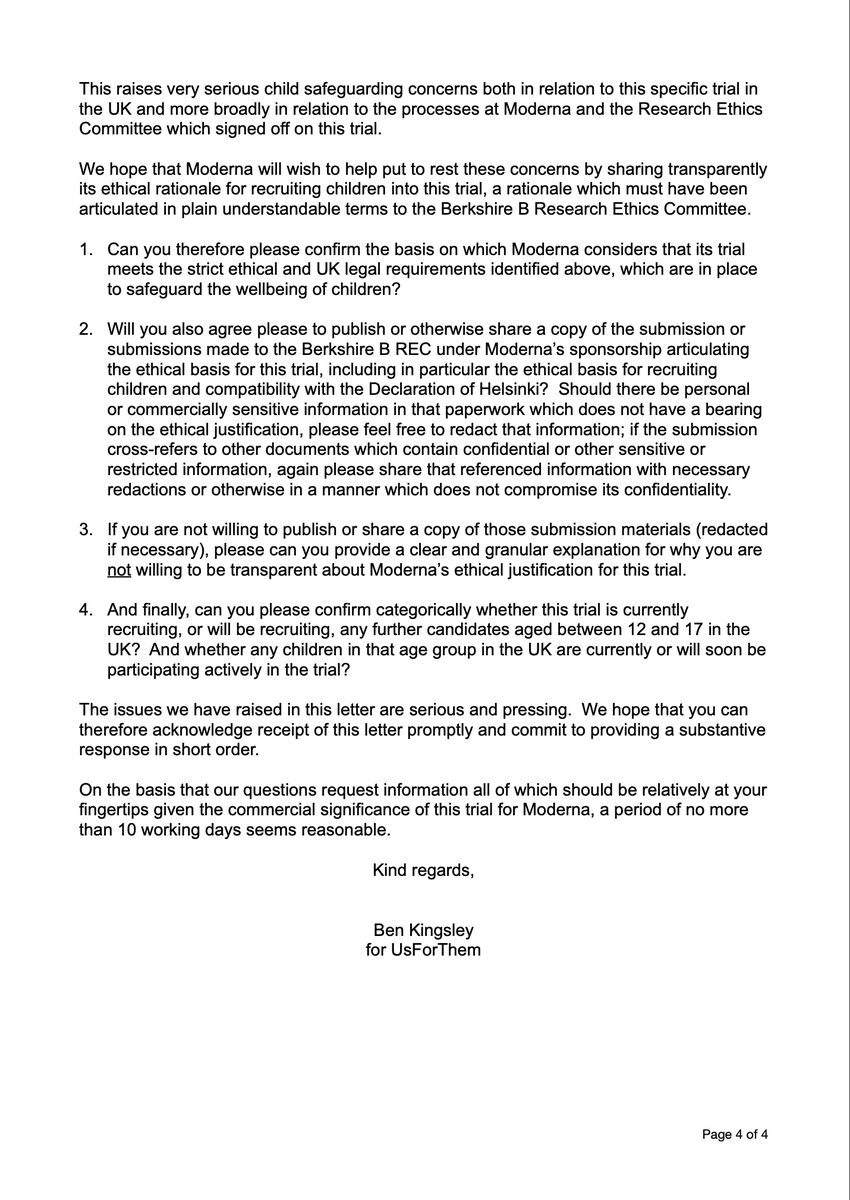 BREAKING: We have today written to Moderna to express our serious concerns about the legal and ethical basis for their recruitment of children to trial a new Covid vaccine product. A full copy of the letter is attached. We have asked them to respond within 10 working days.…