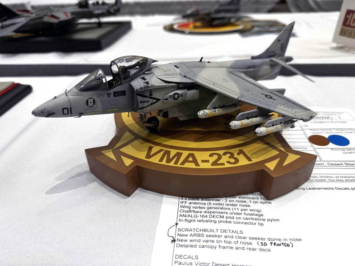 Desert Harrier with PaulusVictor decals at IPMS / USA - International Plastic Modelers' Society / USA NATIONALS 2023.

Great 1/48 project by Craig Sargent
Good luck Craig

#ipmsusa #nats #av8b #harrier #desertstorm #gulfwar #desertshield