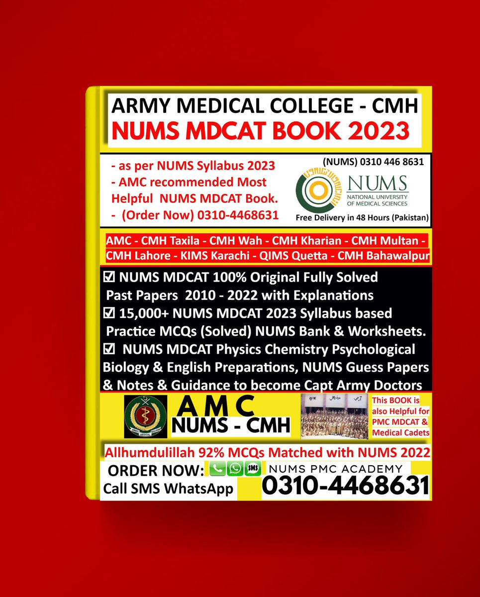 NumsPmc's tweet photo. 𝙉𝙐𝙈𝙎 𝙈𝘿𝘾𝘼𝙏 𝘽𝙊𝙊𝙆 (AMC|CMH)
as Per NUMS Official Syllabus 2023
🌟 NUMS Recommended & NUMS Main Test will be according to this BOOK.
Full H.D & Colourful Text's
AMC Latest Updated Edition for 2023
☑️15,000+ NUMS MDCAT 2023 Syllabus Based
#nums #NUMS #PMDC #MDCATbooks https://t.co/cB2s1lJZ7R