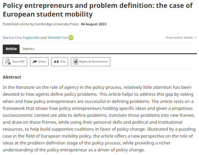 A new interesting article by Marina Cino Pagliarello and Michelle Cini is now available on our FirstView page. It is entitled “Policy entrepreneurs and problem definition: the case of European student mobility”. Enjoy it here: t.ly/bZRno @JPublicPolicy