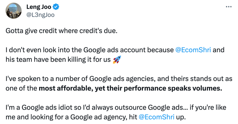 EcomShri's tweet photo. We scaled Leng Joo’s eCommerce brand to $557,415+ / month.

Just with Google ads alone.

And we can do the same for yours.

If your brand does $40k+ per month, it’s time to scale.

Let’s work together: https://t.co/FMG5ANF0Hv