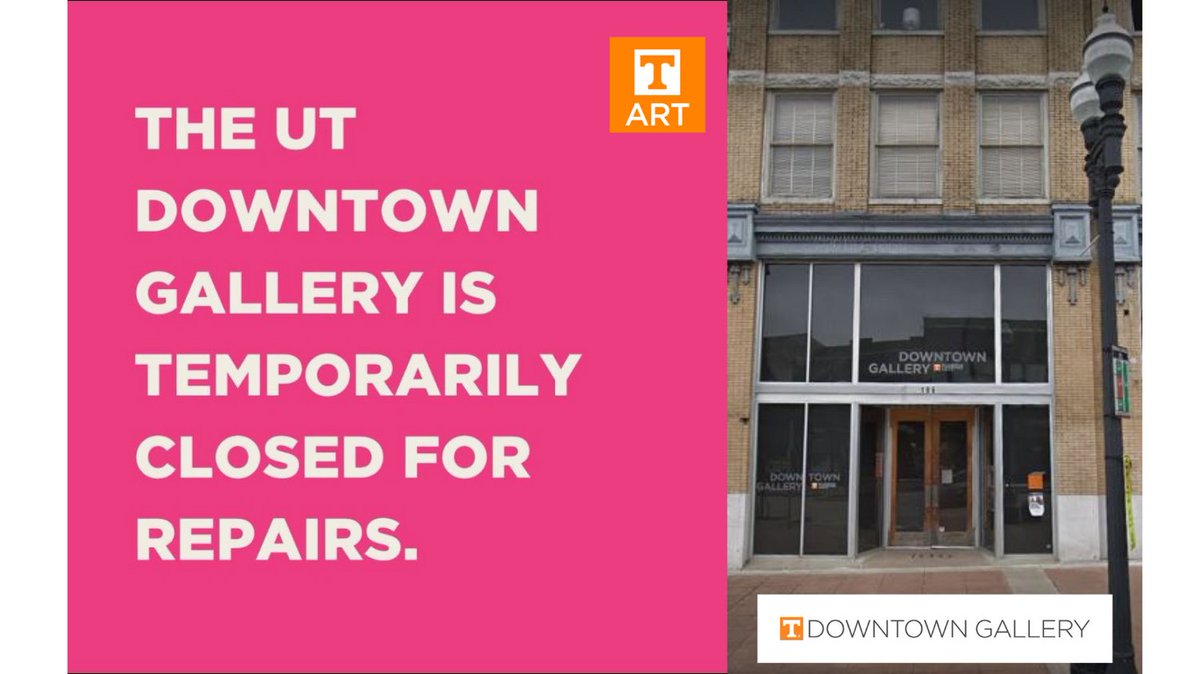 UT School of Art (@artutk) on Twitter photo Due to unforeseen circumstances, the UT Downtown Gallery remains closed for repairs and will not be open for Augustās First Friday. We will let you know as soon as we are able to reopen.
#UTKSOA
<a href="/ArtsSciencesUT/">UT Arts & Sciences</a> Due to unforeseen circumstances, the UT Downtown Gallery remains closed for repairs and will not be open for Augustās First Friday. We will let you know as soon as we are able to reopen.
#UTKSOA
<a href="/ArtsSciencesUT/">UT Arts & Sciences</a>