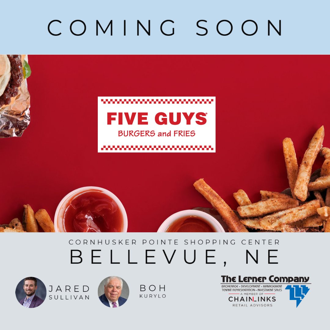 Cornhusker Pointe in Bellevue, NE is about to get a whole lot tastier with the arrival of a NEW Five Guys Burgers location! Jared Sullivan and Boh Kurylo have leased the perfect spot to bring you the ultimate burger experience! @FiveGuys