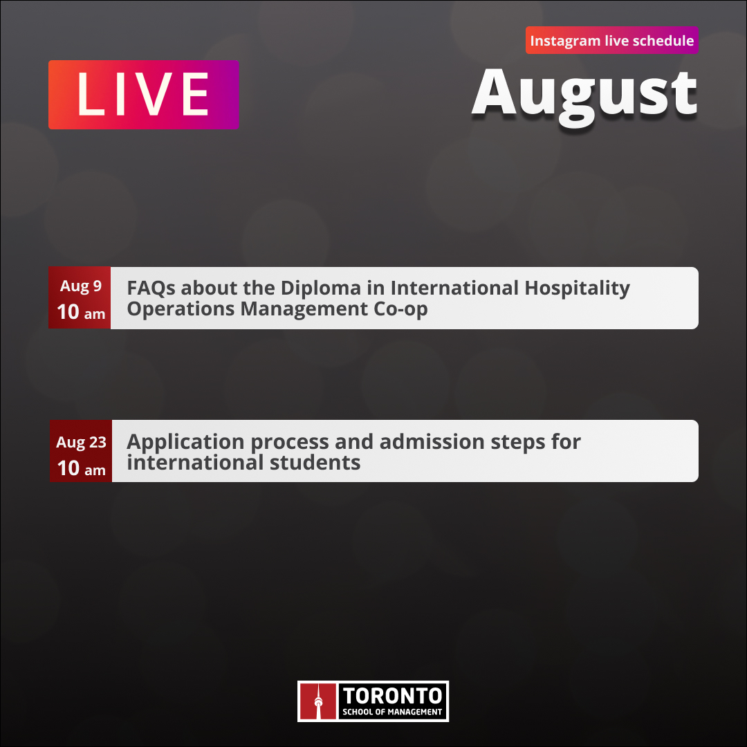 TorontoSoM's tweet photo. Learn more about TSoM’s hospitality program and admission processes for international students in our IG live sessions for August! Stay tuned for more details!
#TSoM #myTSoM #FindSuccessWithTSoM #GetInspiredFindSuccess #DirectTeam #IGLive #Lives #LiveSessions #StudyInCanada https://t.co/9oVkVr9gZQ