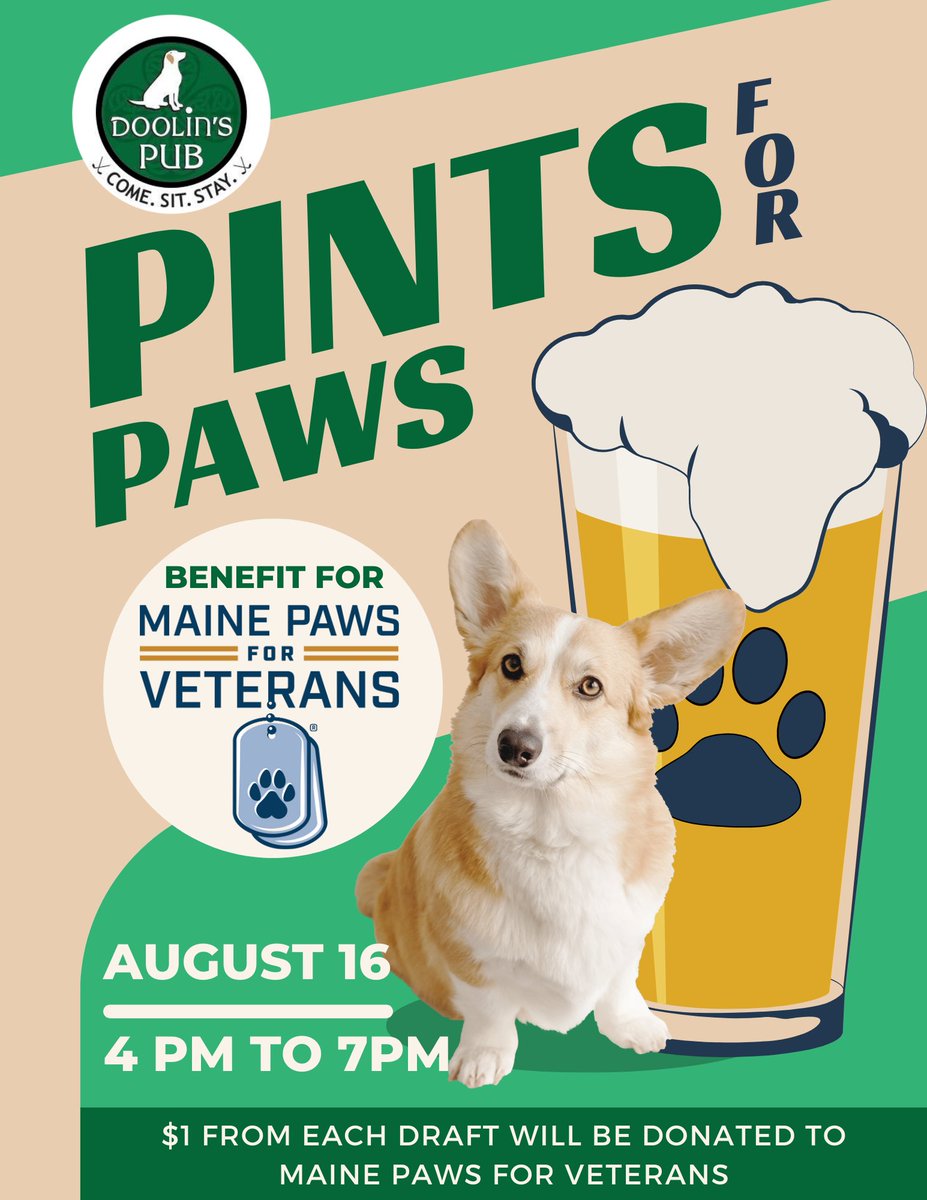 🍻🐾 Raise your glasses for a great cause! Join us for Pints for Paws on August 16th from 4pm to 7pm and support Maine Paws for Veterans. Let's toast to giving back and making a difference for our furry heroes and brave veterans. See you there! 🍻🐶 #PintsForPaws