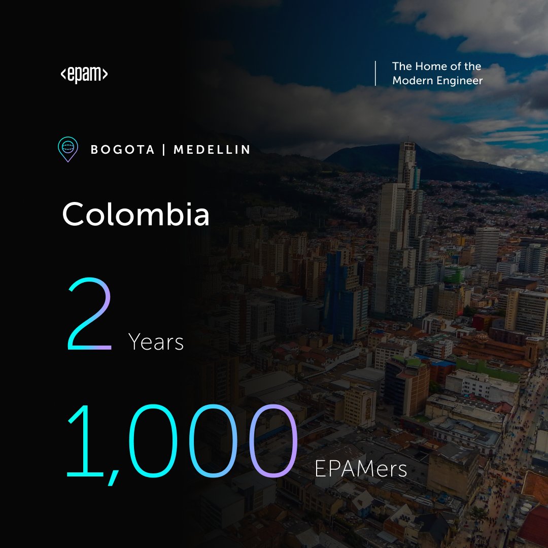 EPAMSystems's tweet photo. Happy Anniversary @EPAM_Colombia! 🥳
Two amazing years of growth, community and engineering excellence. 🎉
Join our growing team in #Colombia or any of our 50+ locations worldwide 🌎: https://t.co/lUMfzfDyK3
#Careers #ITjobs #InsideEPAM #EPAMColombia https://t.co/GOAgJLOxZm