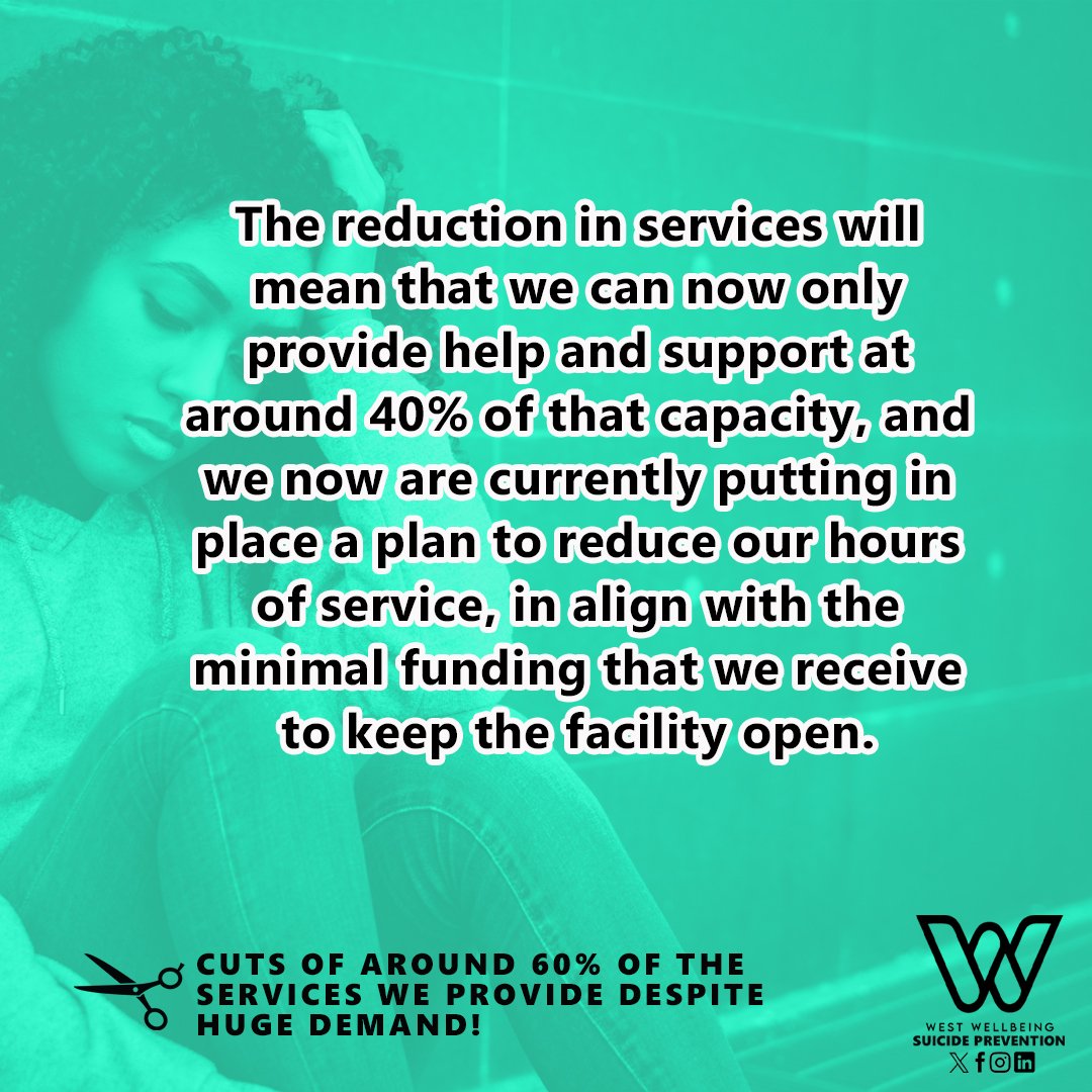 west_wellbeing's tweet photo. 🗣️ We regret to inform you all of a reduction in our services.

Due to cuts &amp; funding limits for our charity, we have no alternative, other than to reduce our programme of care by around 60%.

We will continue to work hard to reverse this decision.

Thanks. https://t.co/0bVI4DZhnW
