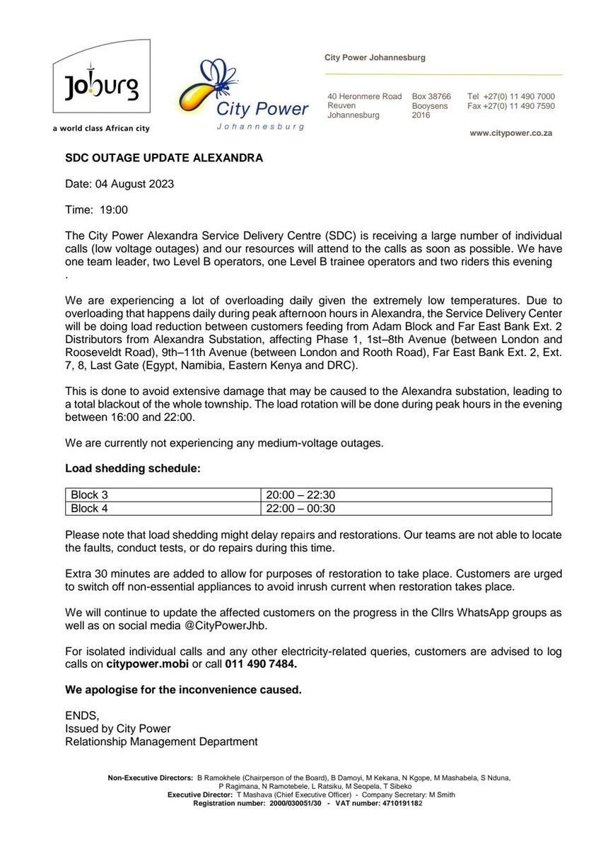 CityPowerJhb's tweet photo. #OutageUpdate #AlexandraSDC
🔔Load reduction is currently underway until 22h00 this evening for #AdamBlock and #FarEastbankExt2 distributor areas.
Kindly note the statement below: 👇 https://t.co/4KVfuhA6sC