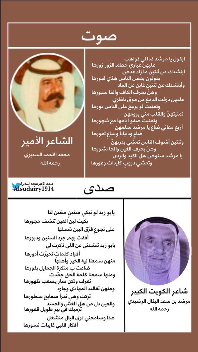 alsudairy1914's tweet photo. صوت وصدى بين الامير محمد السديري 
وصديقه شاعر الكويت الكبير مرشد البذال

#الامير_محمد_السديري
#مرشد_البذال https://t.co/o6ZduW601y