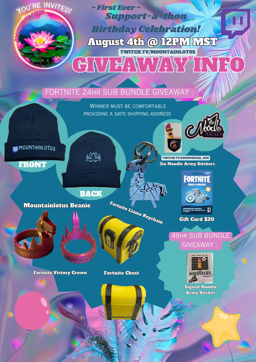 mountainl0tus's tweet photo. Giveaway Info for todayโs Supportathon! ๐
Live on Twitch in 1hr! ๐
#Giveaways #subathon #supportathon #twitchstreamer #Nintendo #fortnite https://t.co/PWKY8wvbTj
