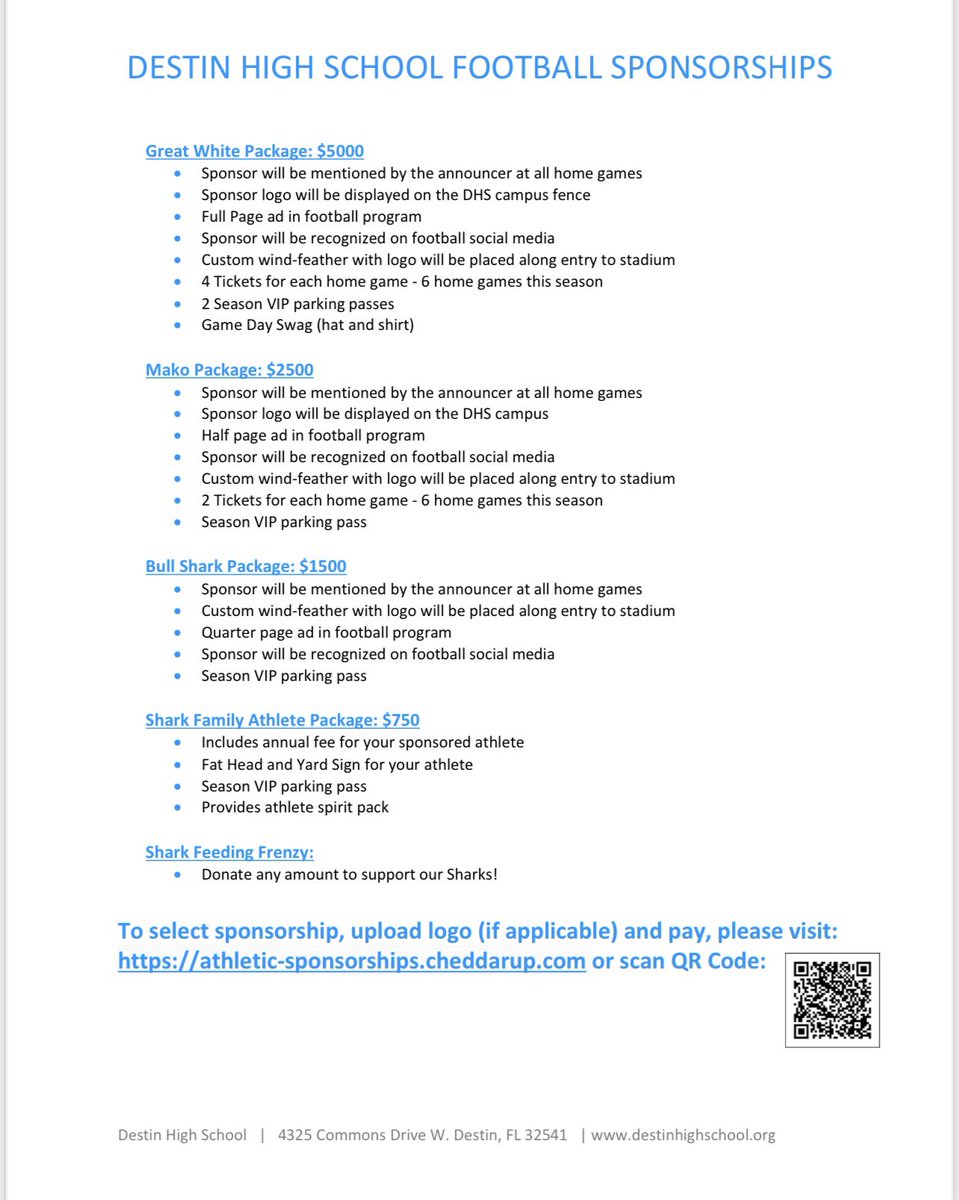 DHSsharks_FB's tweet image. Shark friends, family and community! If you would like to support your Destin High School SharkFootball team  AND be featured in our 2023 football program please check out the information below !!! ￼￼ DEADLINE is August 15!!! Destin High School

athletic-sponsorships.cheddarup.com