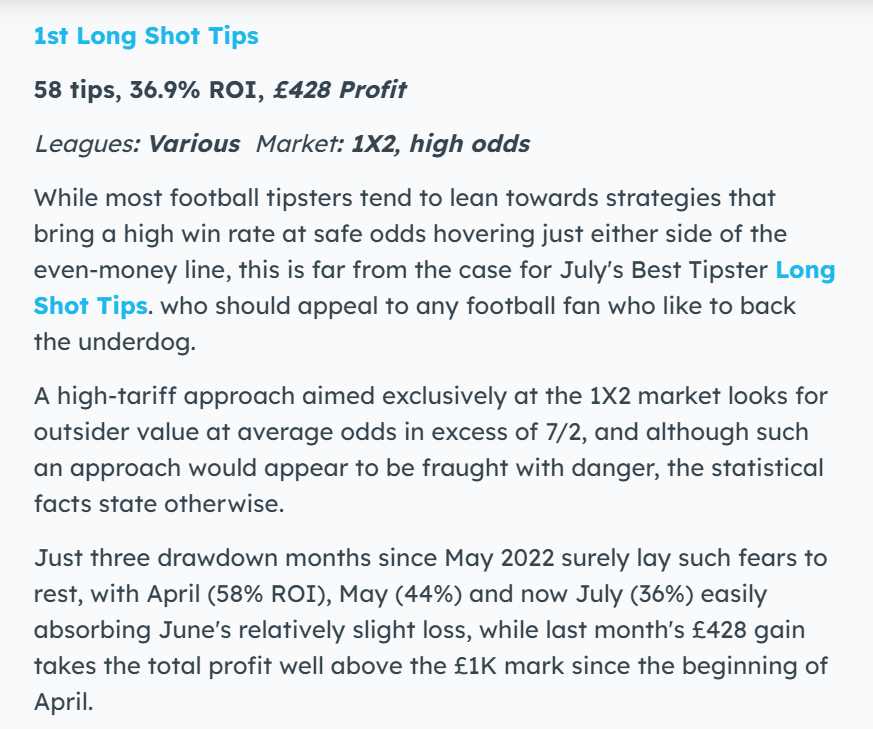 TipsterNation1's tweet photo. Tipstrr have awarded July's Best Football Tipster to Long Shot Tips.
ROI 23% from 363 tips over the last 12 months
Introductory discount 70% OFF The First Month
Pay Just £5.70 for new subscribers only
regular price £19 pcm
GET OFFER
https://t.co/KHUMFaqkjc https://t.co/rarmX7awjY
