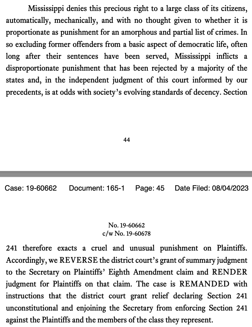 BREAKING: 5th Circuit rules that Mississippi's lifetime ban on voting for individuals convicted of certain felonies violates the 8th Amendment's prohibition on cruel and unusual punishment. The 5th Circuit strikes down this provision. Read the decision: democracydocket.com/wp-content/upl…
