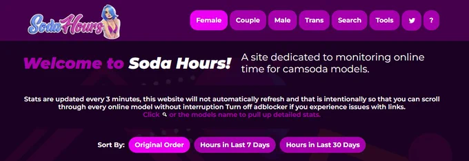 Announcing the new camsoda version of cbhours/striphours sodahours.com this will be a light version of cbhours similar to striphours. (sorry for repost think the new sodahours_com twitter account has limited visibility because it's brand new)