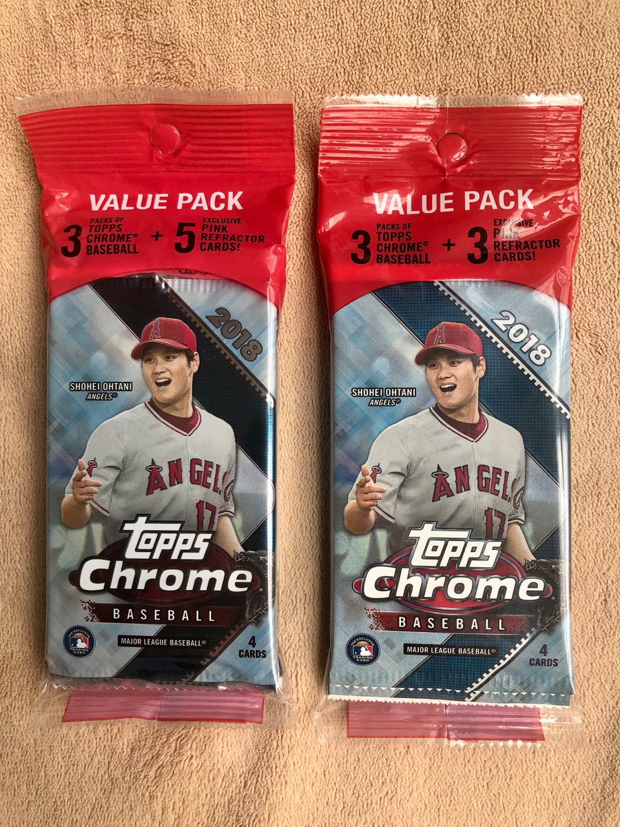 cardsin47's tweet photo. @cardsin47 /  #WaxReturns!

These are a good deal relative to the price of a 2018 Topps Chrome Hobby Box, and what you get:

Each Value Pack has 17 Cards 
12 from the set and 5 Pink Refractors
Ohtani and Acuna RC’s
Approx. $150 each

both of these are unpunched / curved aprons! https://t.co/zdXQ0Xgaka