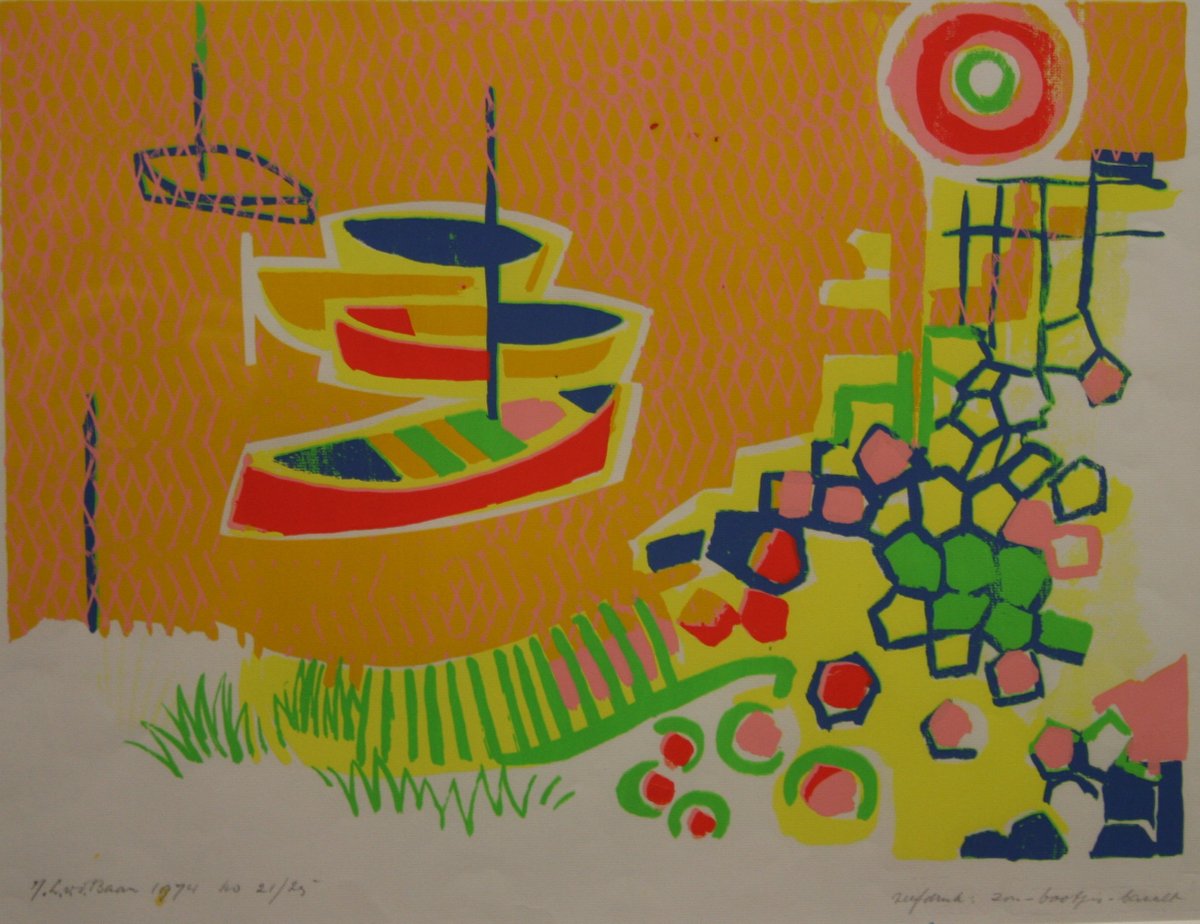 KunstBehoudGro's tweet photo. Voor wat meer kleur op deze grijze, regenachtige dagen in de zomer dit werk uit onze collectie: Zon, bootjes en basalt, zeefdruk van Jan van der Baan uit 1974. Hij was ploeglid en docent @academieminerva  #deploeg #Groningen #kunst #cultuur https://t.co/xboFeCbd1X