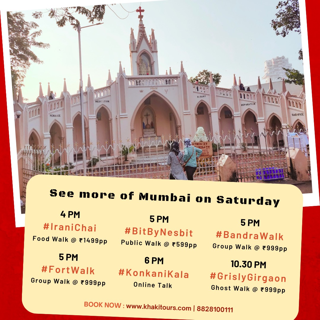 Khaki_Tours's tweet photo. Choose you favourite spots to explore this Saturday!

#IraniChai - Sat, 5th Aug, 4 PM 
#BitByNesbit - Sat, 5th Aug, 5 PM 
#BandraWalk - Sat, 5th Aug, 5 PM
#FortWalk - Sat, 5th Aug, 5 PM
#KonkaniKala (Online Talk) - Sat, 5th Aug, 6 PM
#GrislyGirgaon - Sat, 5th Aug, 10:30 PM 

Book now at: https://t.co/iK2lqaP4aZ 

#ExploreMumbai #MumbaiCity #ILoveMumbai #MumbaiDarshan #DiscoverMumbai #BandraHeritage #WalkingTour #India #HeritageWalks #Things2DoInMumbai #Bandra  #IndianHeritage