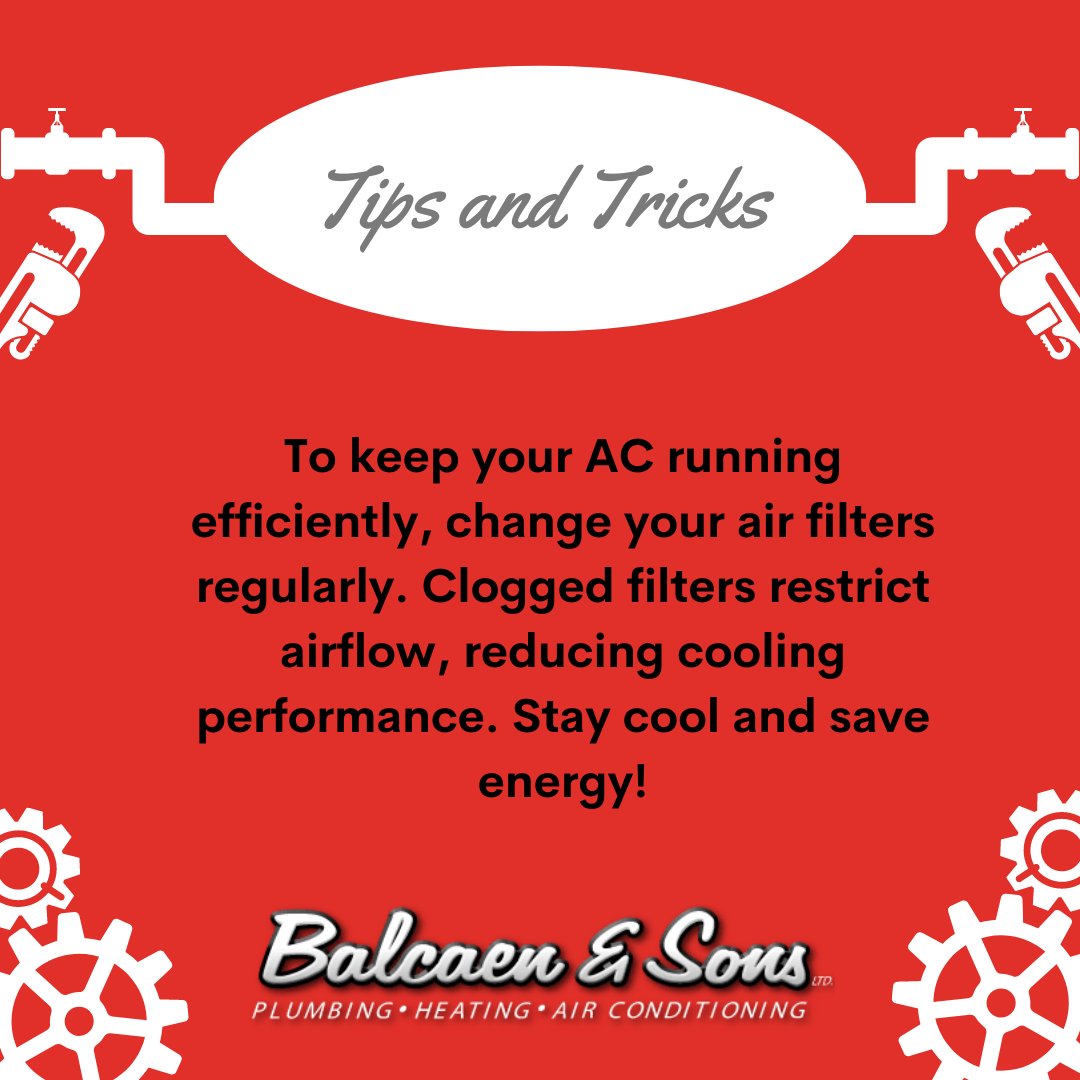 Tip of the Day: To keep your AC running efficiently, change your air filters regularly. Clogged filters restrict airflow, reducing cooling performance. Stay cool and save energy!
#balcaenandsons #winnipeg #plumbing #heating #cooling #doneright #draincleaning #waterheaters