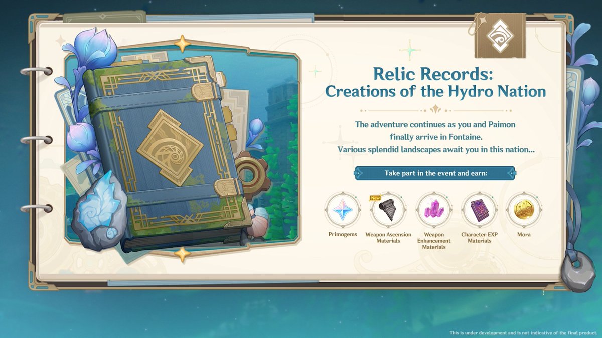 GenshinImpact's tweet photo. New Events
Version 4.0 will see the coming of "Mega Meka Melee," "Verdict of Blades," "Relic Records: Creations of the Hydro Nation," "Studies in Light and Shadow: A Fontaine of Enchantment," and other events!

#GenshinImpact https://t.co/x1QH23aoug