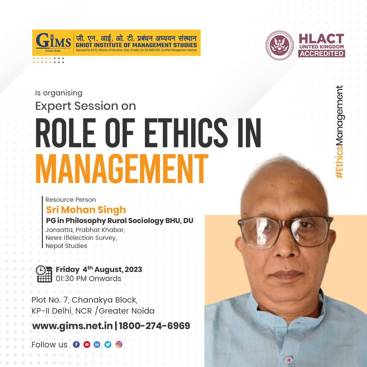 GIMS organized Expert session on Role of Ethics in Management for PGDM 2023-25 Batch.
#GIMS #GNIOT #Guidance #IdeatoExecution #GNIOTPGDM #PGDM #GIMS #KnowledgePark #GreaterNoida #EthicsInManagement #ExpertSession #EthicalPractices #BusinessEthics #Education #ManagementStudies