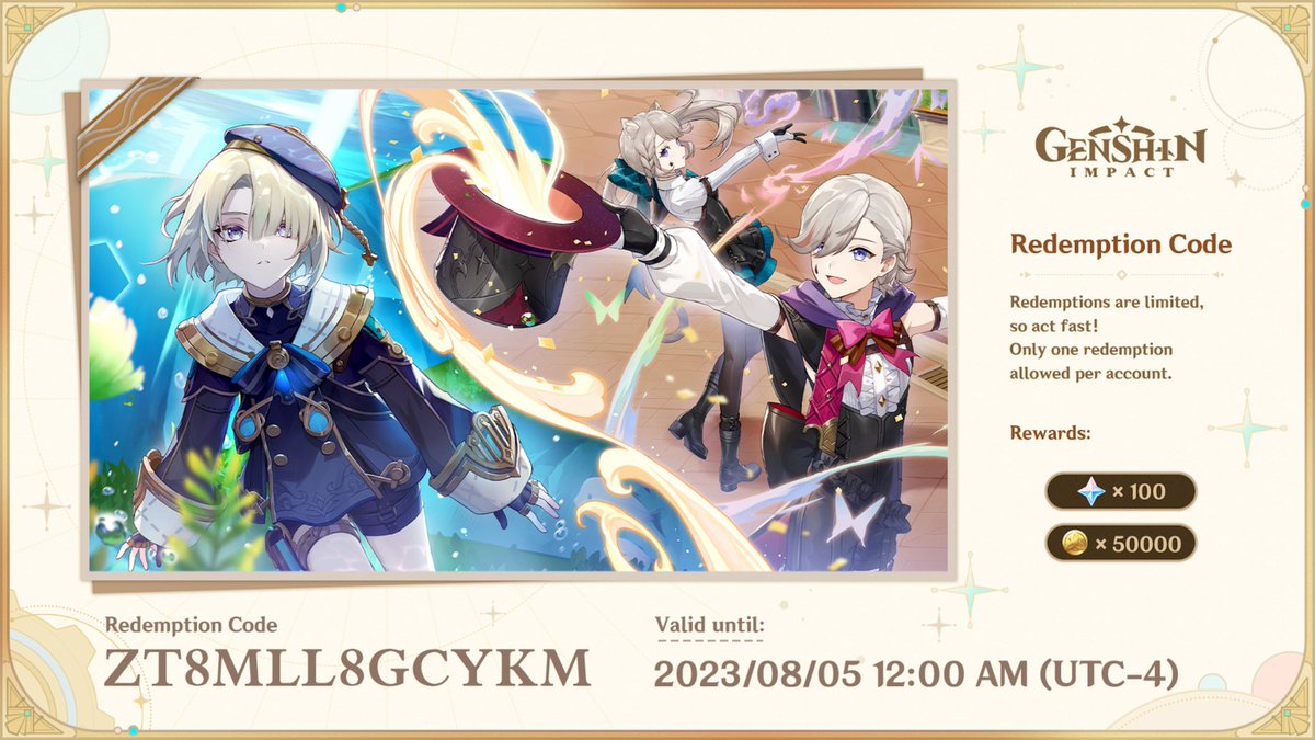 Genshin Impact on X: Travelers, here are the redemption codes for this  Special Program! Primogems ×100 + Mystic Enhancement Ore ×10 KARU3RG6NY65  Primogems ×100 + Hero's Wit ×5 5SRC28YNNYP9 Primogems ×100 +