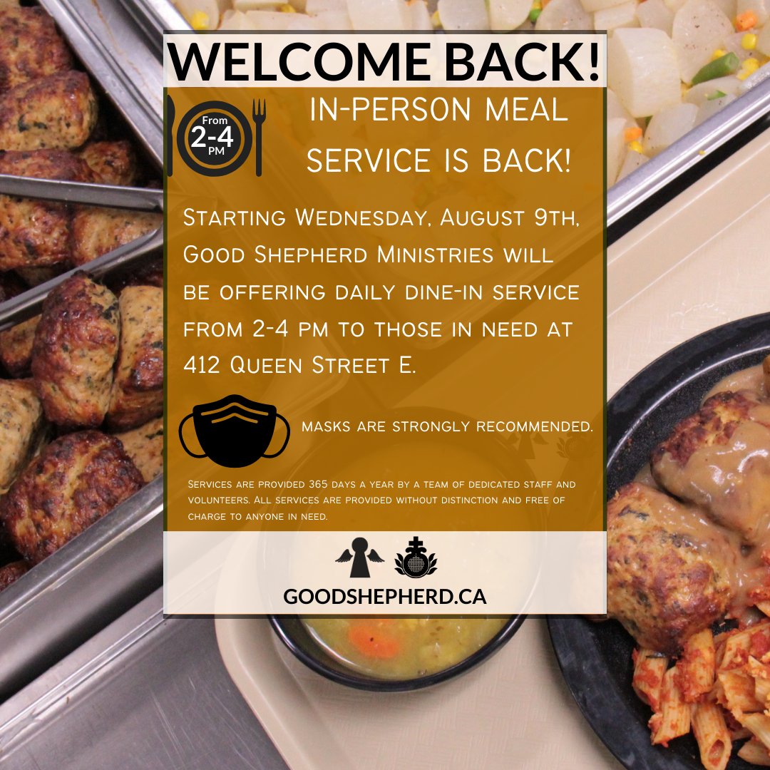 goodshepherd_to's tweet image. BIG NEWS!
We're excited to announce that starting Wed, Aug 9, in-person dining will resume for those in need at the @goodshepherd_to facility at 412 Queen St . E.  Hours of operation are 2-4pm. Find more facility info here goodshepherd.ca/good-shepherd-…
#WelcomeHomeless #Meals4Good