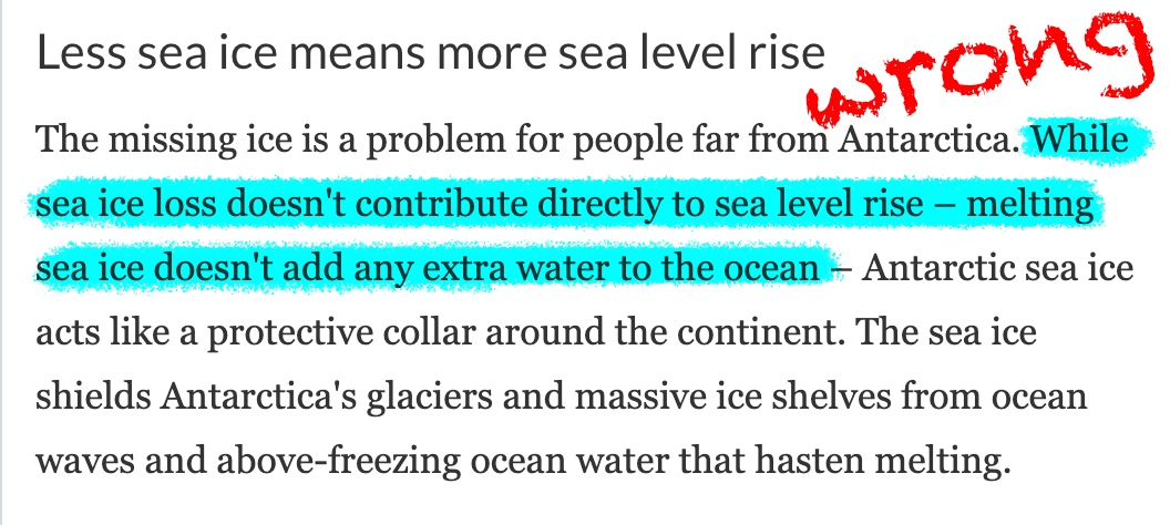 On @morningedition, @rhersher says melting sea ice won't directly raise sea levels. Wrong. 
Floating sea ice is less salty & more bouyant — not a mere state change.
NASA Sea Level Change: Melting Ocean Ice Affects Sea Level – Unlike Ice Cubes in a Glass
sealevel.nasa.gov/news/261/melti…