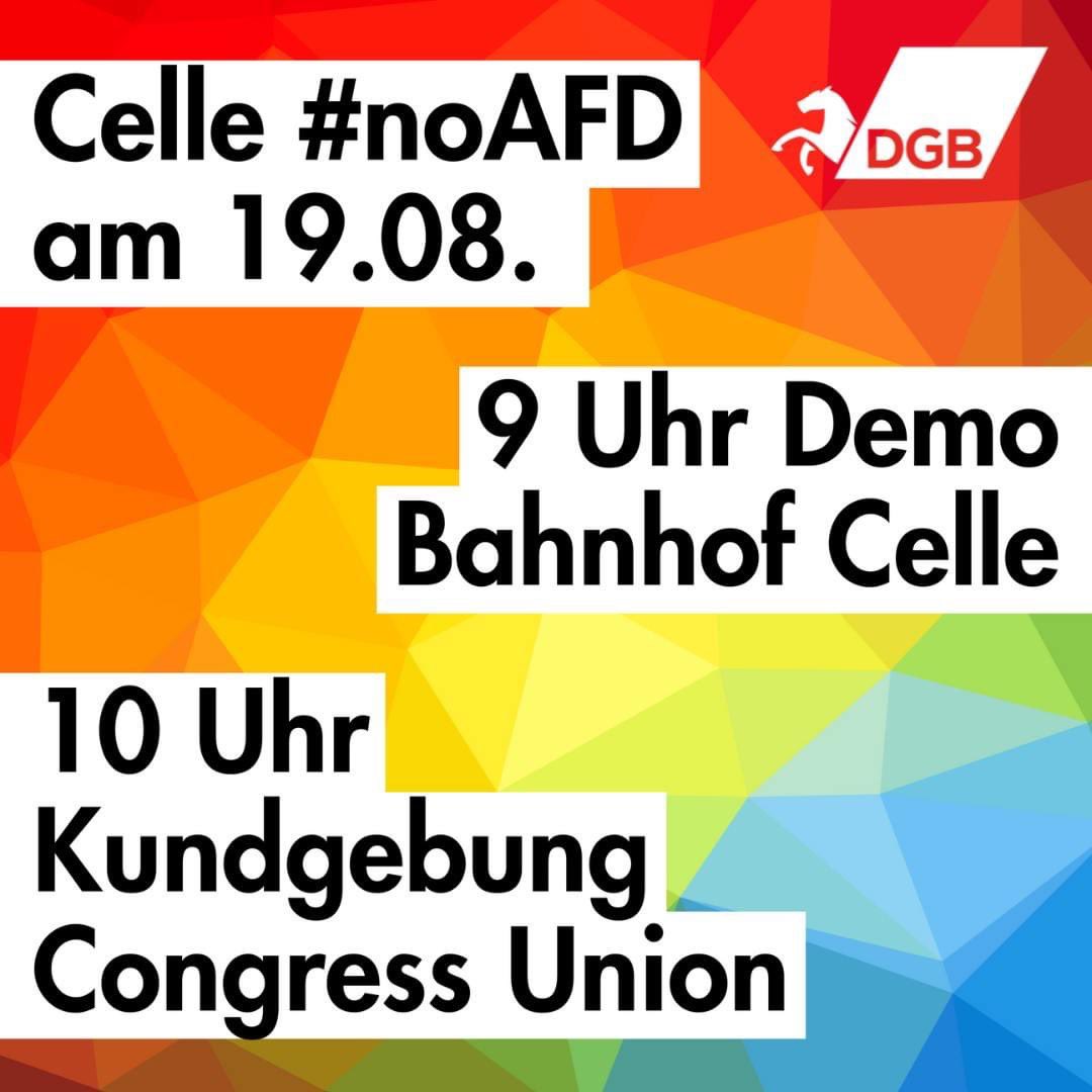 Save the Date: Protest gegen den Landesparteitag der AfD am 19. August in #Celle. 

Kommt alle! 

#NoAfD #Antifaschismus