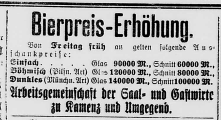 KamenzPresse's tweet photo. Binnen eines Monats ist der #Bierpreis in #Kamenz um 1.500% gestiegen: 120.000 Mark für ein Pilsener.
Galoppierende #Inflation1923
(Kamenzer Tageblatt, 24. August 1923) https://t.co/fq95KiQYMS