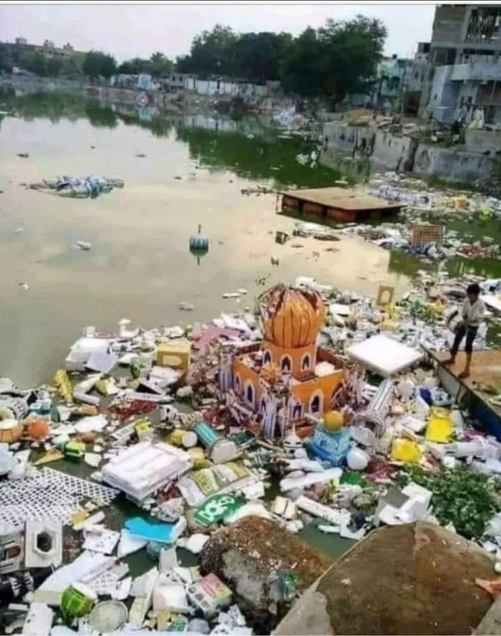 Only Ganesha and Durga idols immersions pollute the rivers &amp; ponds.

But Muharrum Tazia immersion purifies all water bodies.

Where are those intellectuals who cry over idol immersion that are mostly made of mud and have no problem with non biodegradable product immersion?
