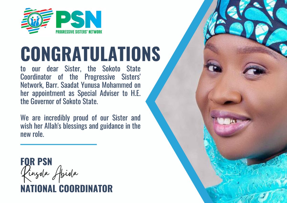 APC_PSN's tweet photo. Our Sokoto State coordinator has been appointed as Special Adviser to H.E. Gov. Ahmad Aliyu Sokoto.

We congratulate her and wish her success in the role, and thank His Excellency for including our dear Sister in his cabinet.

Allah ya taya riko. https://t.co/DERMjNUG0h