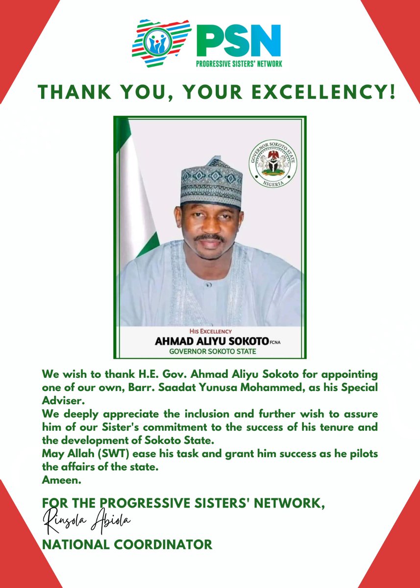 APC_PSN's tweet photo. Our Sokoto State coordinator has been appointed as Special Adviser to H.E. Gov. Ahmad Aliyu Sokoto.

We congratulate her and wish her success in the role, and thank His Excellency for including our dear Sister in his cabinet.

Allah ya taya riko. https://t.co/DERMjNUG0h
