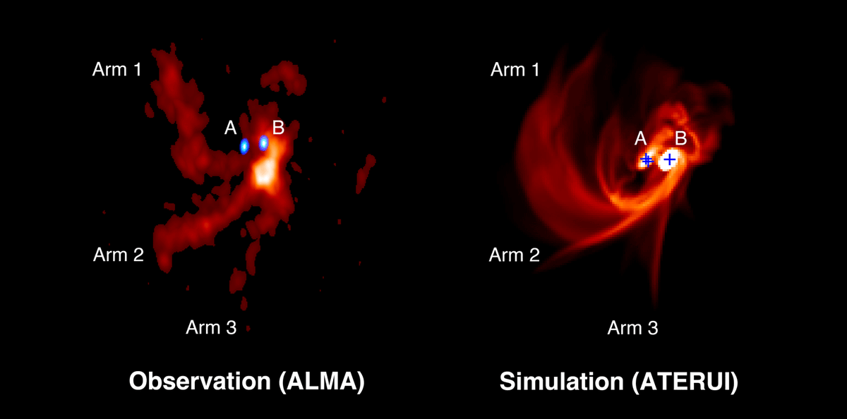 CfCA_NAOJ's tweet image. Left: Triple protostar system IRAS 04239+2436 (A is an unresolved binary) observed with #ALMA.
Right: Simulation of multiple star formation by #ATERUI.

The simulation reproduces very well the three arms of gas seen in the high-resolution observations.
cfca.nao.ac.jp/en/pr/20230804