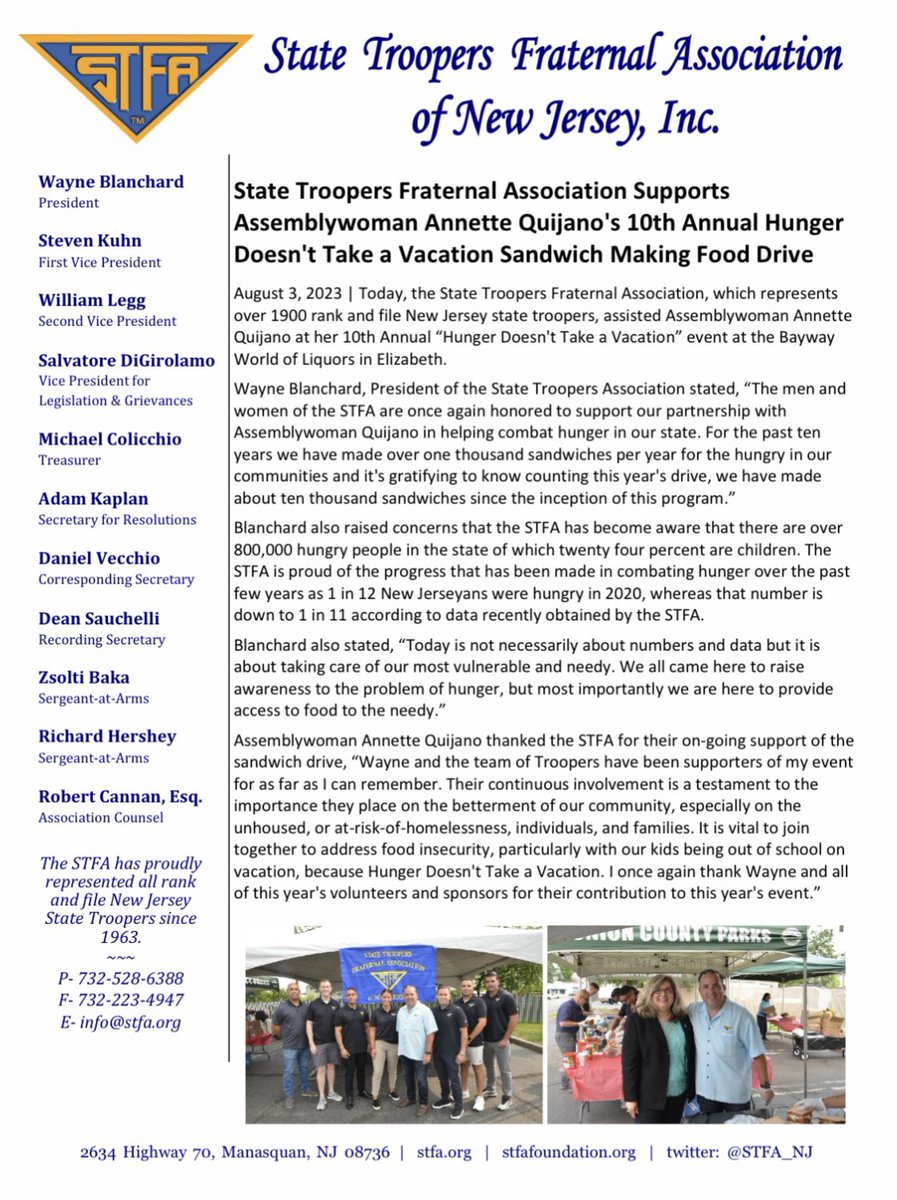 The STFA was honored to support <a href="/AnnetteQuijano/">Annette Quijano</a>’s 10th annual “Hunger Doesn’t Take a Vacation” sandwich making food drive yesterday in Elizabeth.  To date, this amazing event has supplied over 10,000 meals to our state’s most vulnerable citizens.