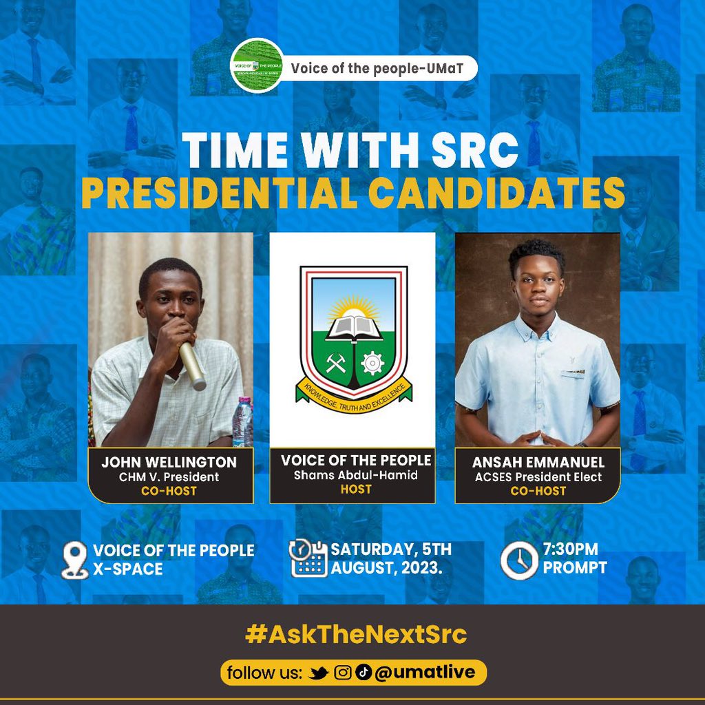 Join us this Saturday exactly 7:30 as we have a conversation with the SRC presidential aspirants! 
Come early and grab a 🎙️ 
#YourVoiceYourVote

Join the space via link:
twitter.com/i/spaces/1BdGY…