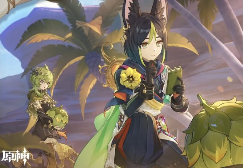 timelycollei's tweet photo. in the midst of fontaine hype, here’s new official art of tighnari and collei in cn’s glimmering sands and the leaves caprice~ https://t.co/jFvIB3VsF3
