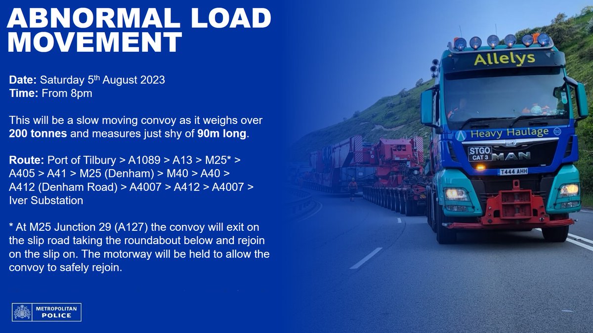 On Saturday 5 August from 8pm we will be moving an abnormal load with <a href="/_Allelys/">Allelys</a> from the Port of Tilbury to Iver (Bucks).

Due to the weight and size it will move at about 12MPH for the entire journey #MPSAbload
<a href="/NationalHways/">National Highways</a>
<a href="/BBCTravelAlert/">BBC Radio London Travel</a>