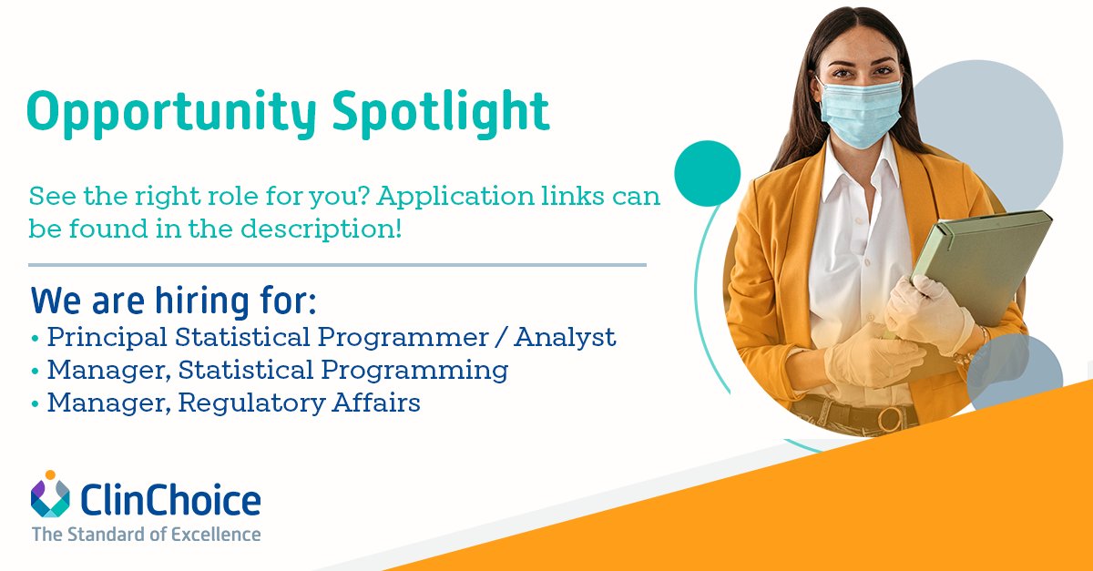 ClinChoice's tweet image. Come set the Standard of Excellence with ClinChoice as we continue to help our clients innovate across the product development life cycle.
Find the opportunity that's right for you:hubs.la/Q01ZZX8g0
#ClinChoiceCareers #StatisticalProgramming #RegulatoryAffairs