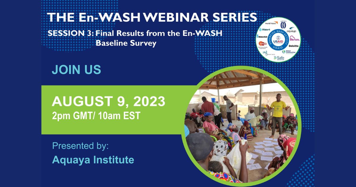 Aquaya's tweet photo. Mark your calendars for August 9th, 2023, at 2 pm GMT/10 am EST, as we invite you to join the #EnWASH webinar series. We will be unveiling the final results of the #baseline survey in #Northern #Ghana.

🗓️  Register now: https://t.co/zdfAziyUqe

@USAIDWater | @G_Communities https://t.co/ES6VkTLdRj
