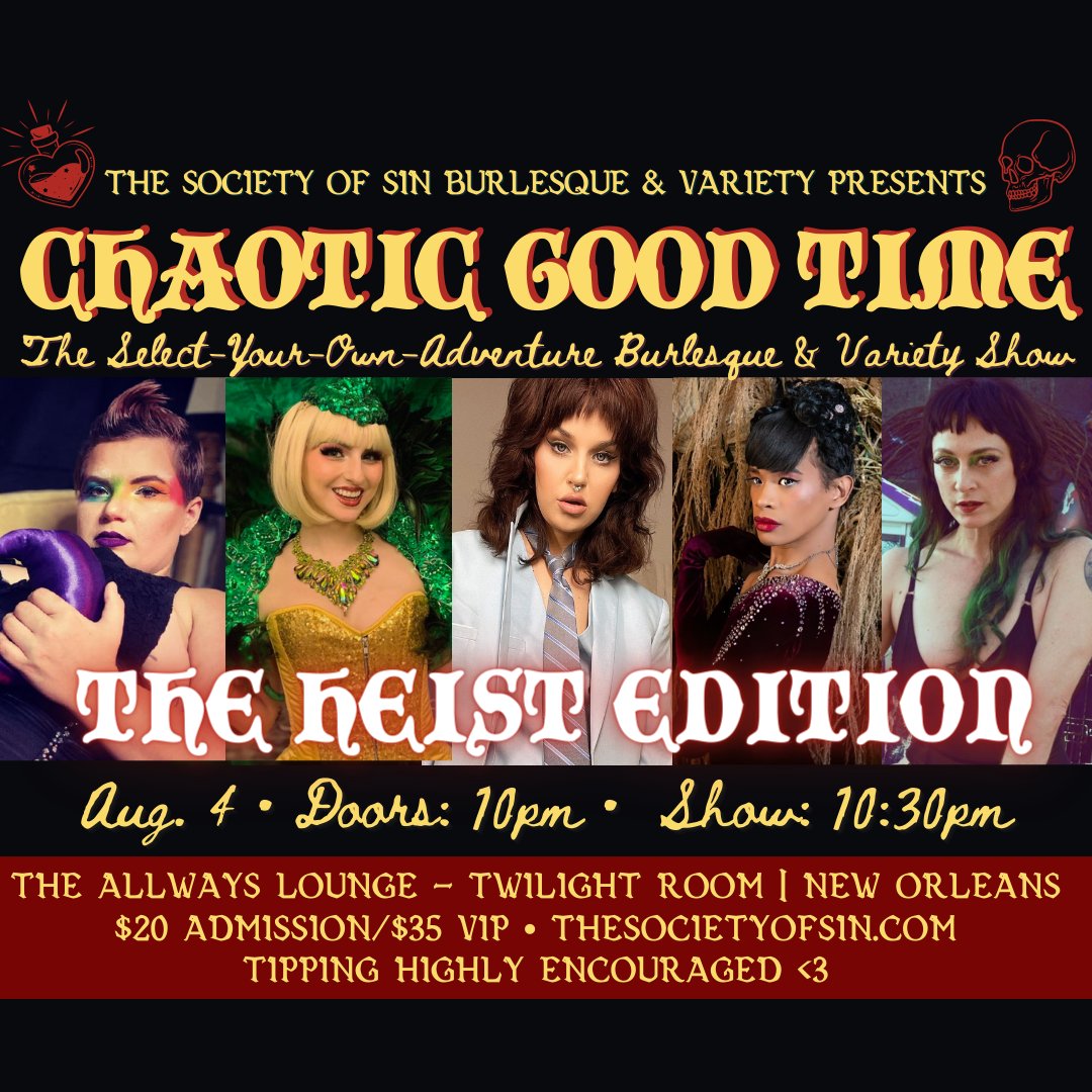 Tonight! Are you ready for the HEIST of the century? We're getting the old crew back together tonight at the Allways for one night only for Chaotic Good Time: The Select-Your-Own-Adventure Burlesque Show! 
🚪 10p 
🎟️  buff.ly/2WdfXpx