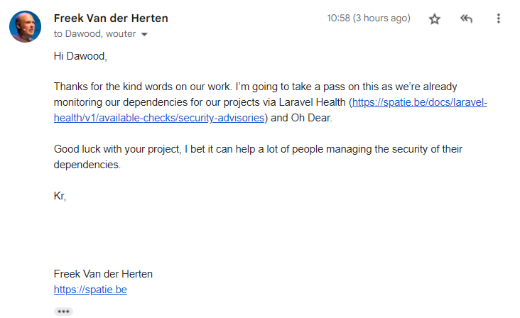 daudmalik06's tweet photo. Thrilled to see @freekmurze, a pillar in the #laravel community, endorse our project, Vulert 🎉. For those unaware, Vulert monitors &amp; alerts about #opensource #vulnerabilities in real-time, using only a lock file! 👏

Thanks Freek, for your encouraging words. 🙏 It's validation. https://t.co/a84On45jfg