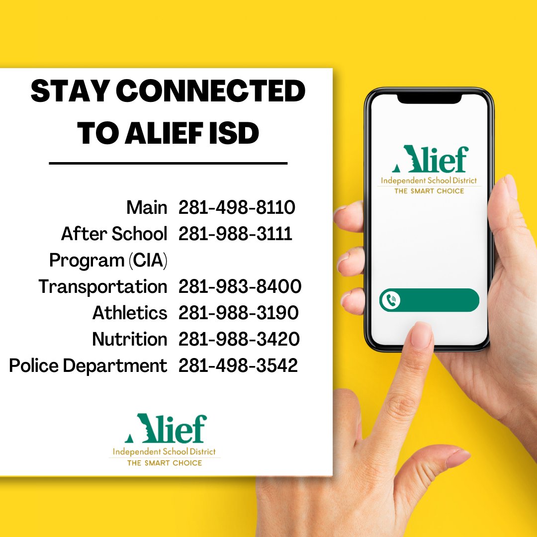 AliefISD's tweet image. COUNTDOWN TO 2023-2024: Here’s a list of useful Alief ISD phone numbers for you to know. 📞 
For back to school info, please visit our page here: aliefisd.net/backtoschool