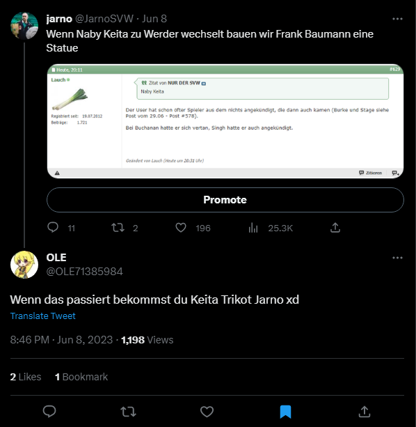 jaaarno's tweet photo. GIVEAWAY

Da der gute Ole vor kurzer Zeit eine Wette verloren hat und ich mir dachte, dass es besser wäre, wenn wir euch eine Freude machen könnten, verlosen wir ein neues Naby Keita Trikot!

Was ihr dafür tun müsst:
-@JarnoSVW folgen
-@OLE71385984  folgen
-Diesen Tweet retweeten https://t.co/7LRMtBy31q